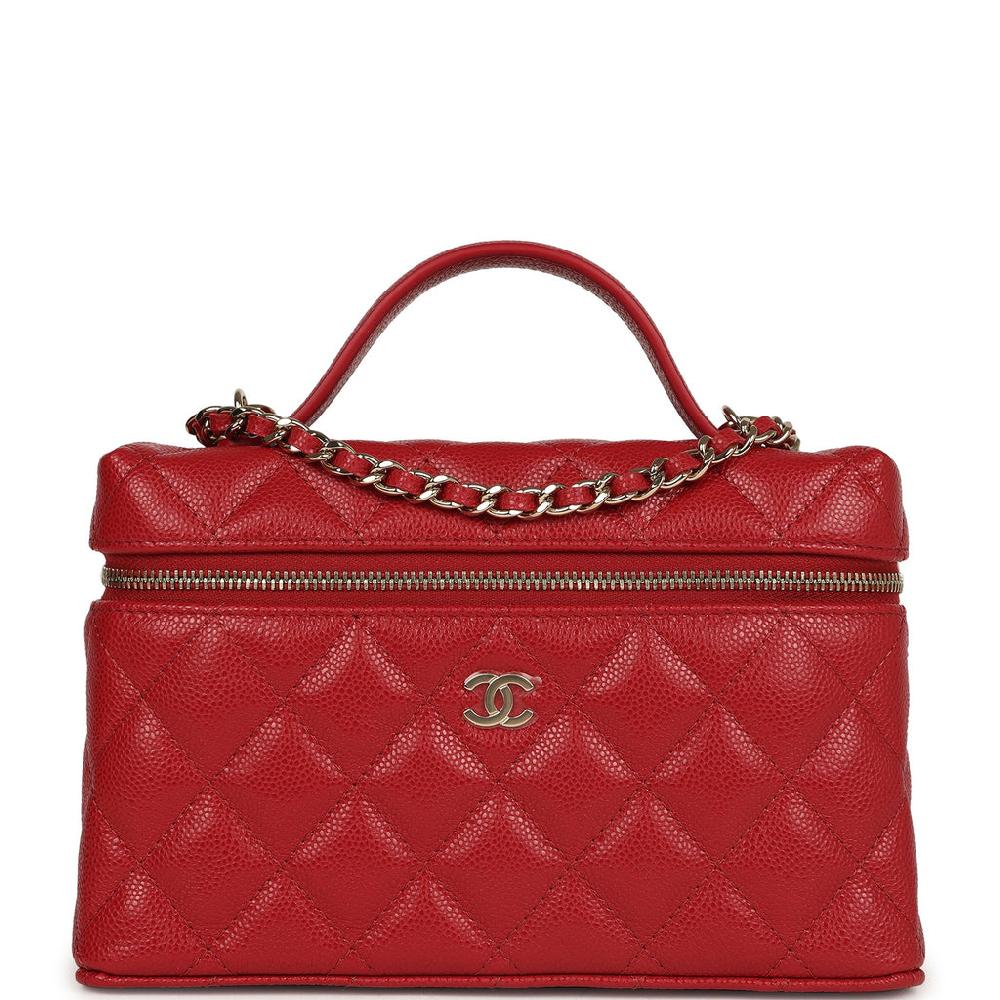 Chanel Top Handle Long Vanity Case with Chain Red Shiny Caviar Light Gold Hardware