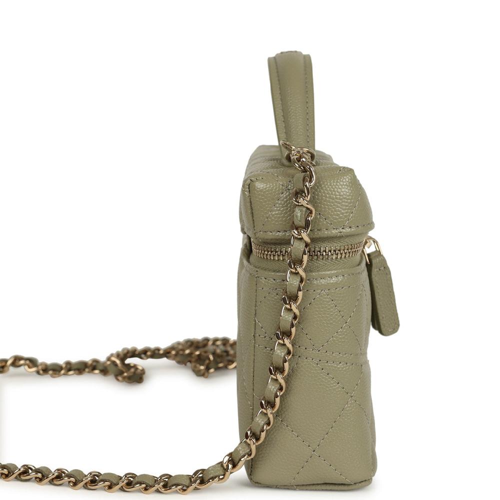 Chanel Trendy Top Handle Long Vanity Case With Chain Khaki Caviar Light Gold Hardware