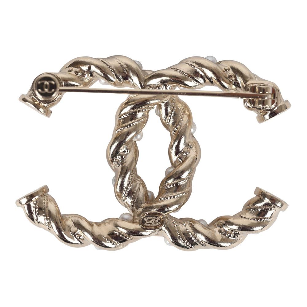 Chanel Twisted CC Crystal & Faux Pearl Brooch Light Pink Light Gold Tone Metal