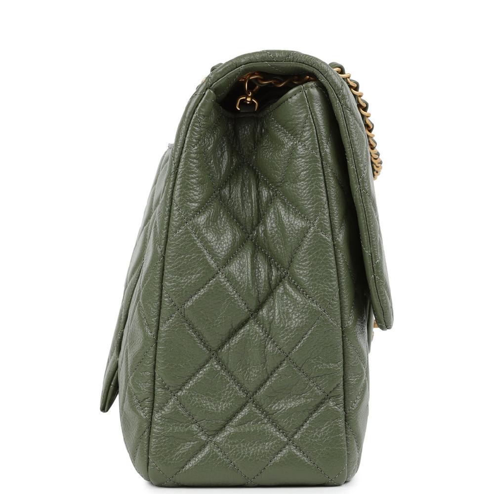 Chanel XXL Classic Single Flap Bag Khaki Shiny Aged Calfskin Brushed Gold Hardware