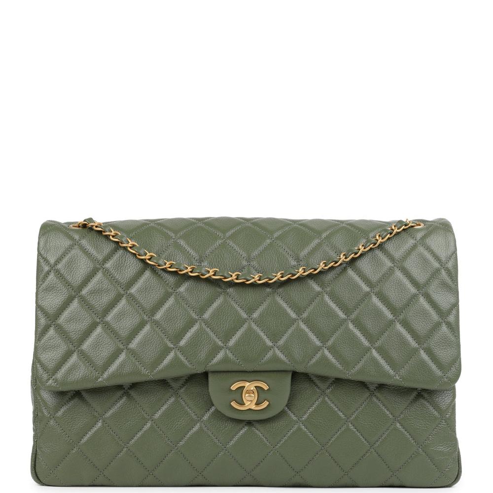 Chanel XXL Classic Single Flap Bag Khaki Shiny Aged Calfskin Brushed Gold Hardware