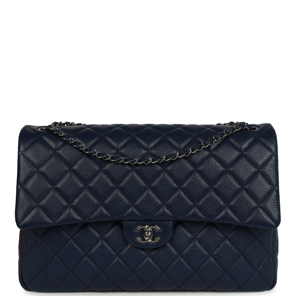 Chanel XXL Classic Single Flap Bag Navy Blue Shiny Aged Calfskin Ruthenium Hardware