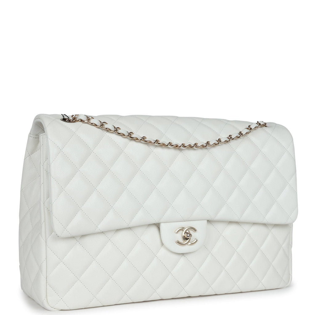 Chanel XXL Classic Single Flap Bag White Shiny Caviar Light Gold Hardware