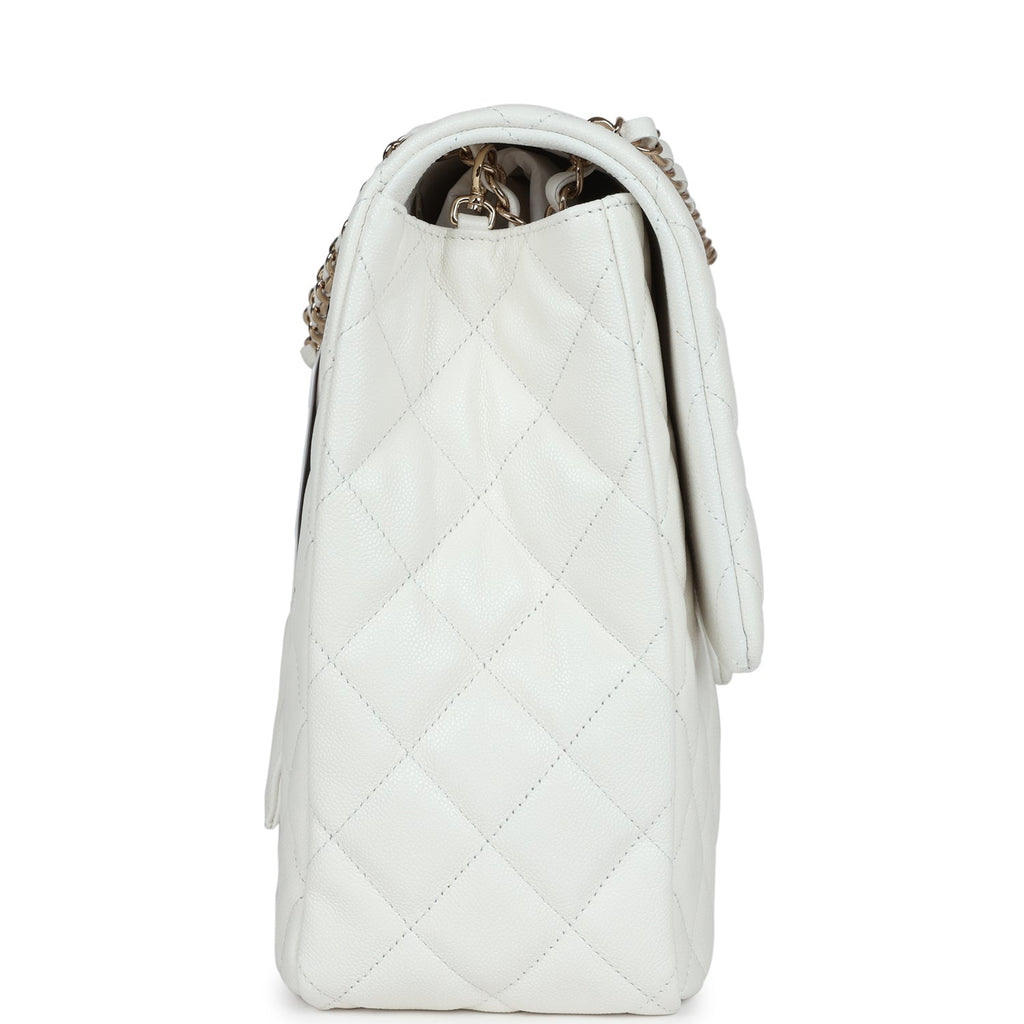 Chanel XXL Classic Single Flap Bag White Shiny Caviar Light Gold Hardware