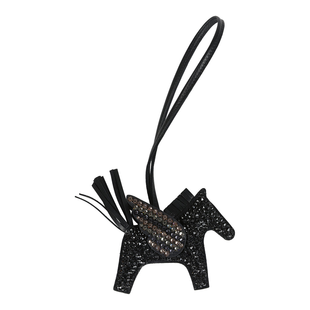 Custom Black Swarovski Crystal Hermes Bedazzled Pegase Rodeo Bag Charm PM So Black Milo Lambskin