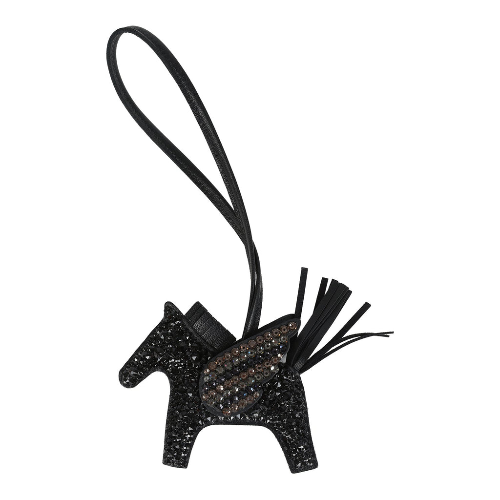 Custom Black Swarovski Crystal Hermes Bedazzled Pegase Rodeo Bag Charm PM So Black Milo Lambskin