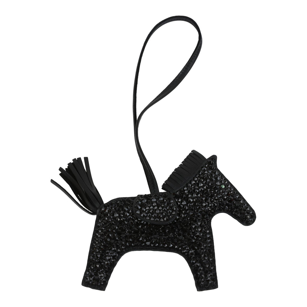 Custom Black Swarovski Crystal Hermes Bedazzled Rodeo Bag Charm MM So Black Milo Lambskin