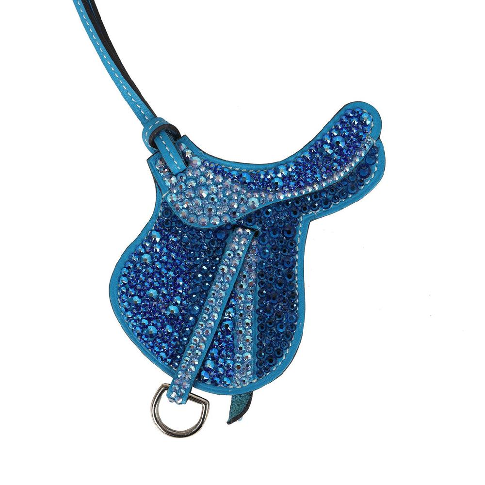 Custom Blue Swarovski Crystal Hermes Paddock Saddle Bag Charm Bleu Zanzibar Swift Palladium Hardware