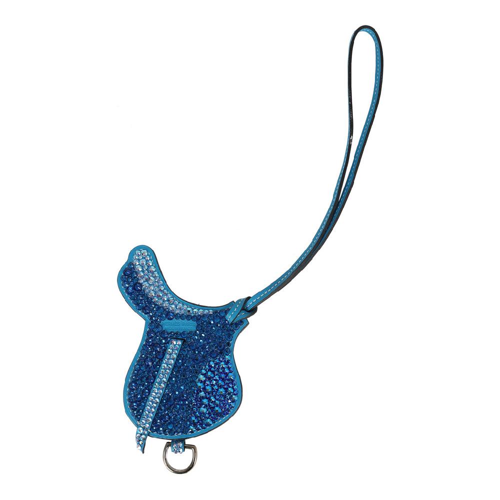 Custom Blue Swarovski Crystal Hermes Paddock Saddle Bag Charm Bleu Zanzibar Swift Palladium Hardware