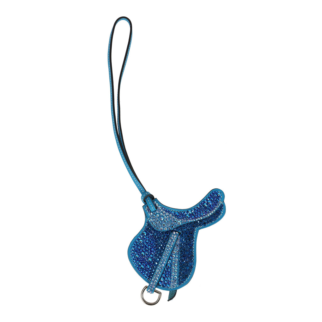 Custom Blue Swarovski Crystal Hermes Paddock Saddle Bag Charm Bleu Zanzibar Swift Palladium Hardware Custom Blue Swarovski Crystal Hermes Paddock Saddle Bag Charm Bleu Zanzibar Swift Palladium Hardware