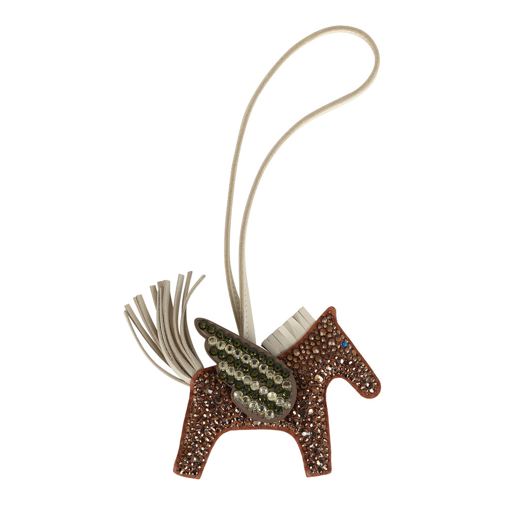 Custom Brown Swarovski Crystal Hermes Bedazzled Pegase Rodeo Bag Charm PM Gold Craie And Etoupe Milo Lambskin
