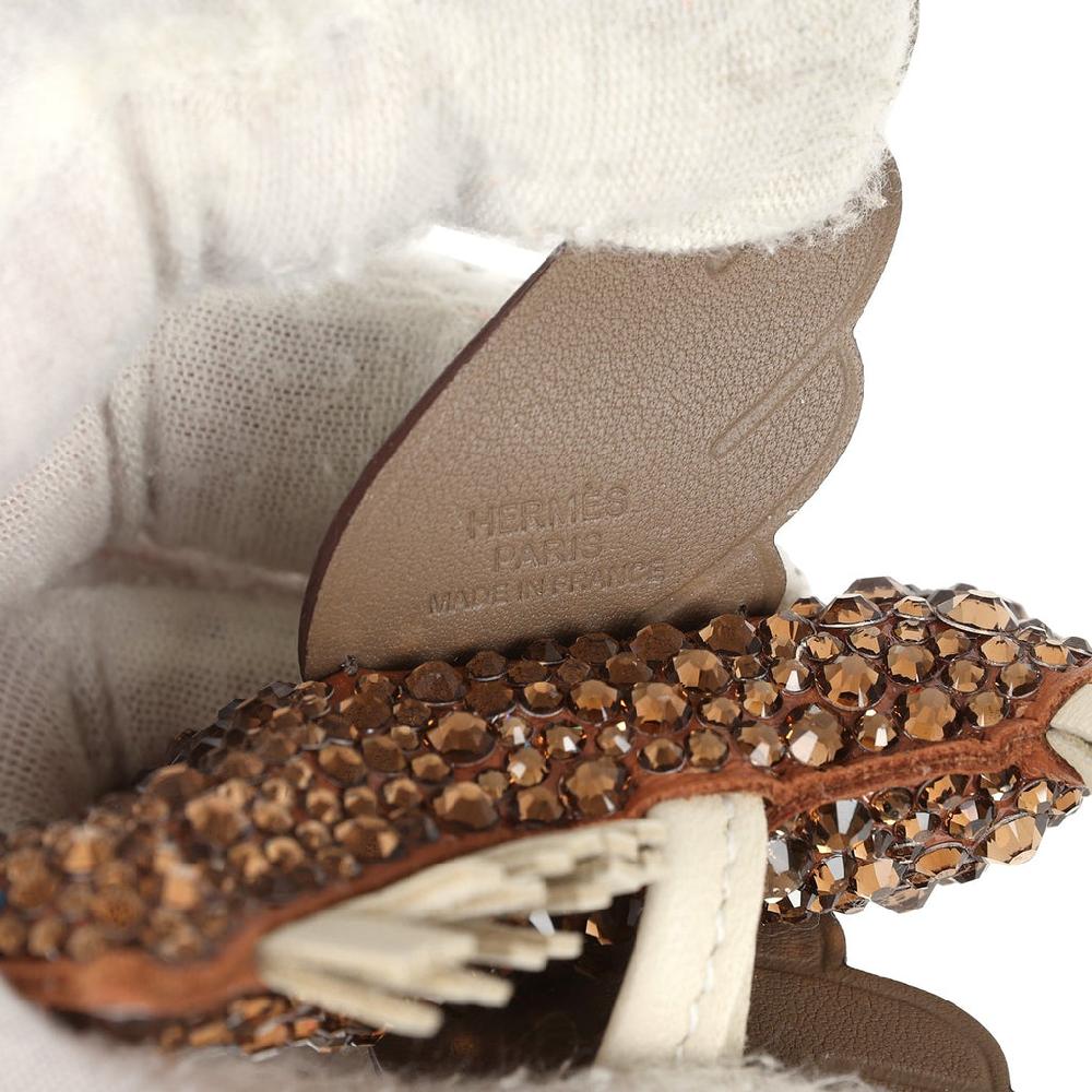 Custom Brown Swarovski Crystal Hermes Bedazzled Pegase Rodeo Bag Charm PM Gold Craie And Etoupe Milo Lambskin