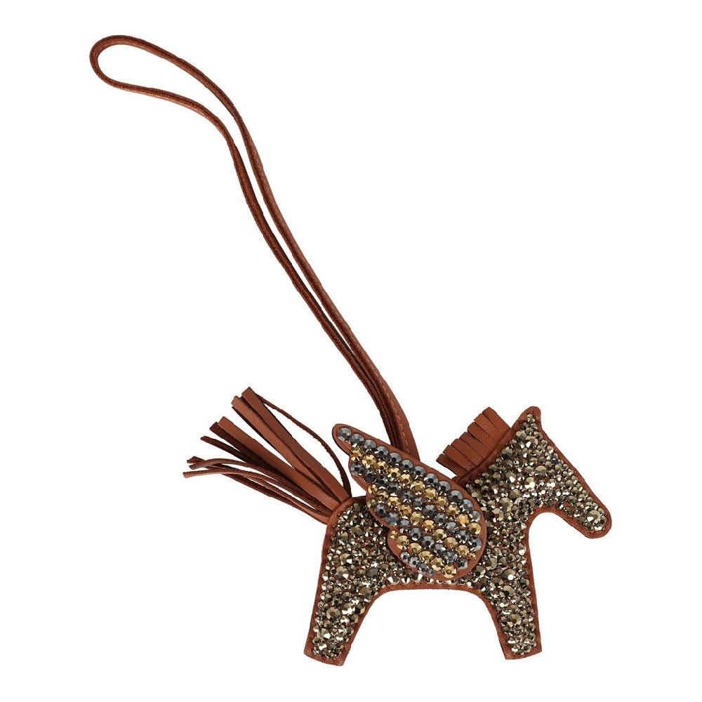Custom Brown Swarovski Crystal Hermes Bedazzled Pegase Rodeo Bag Charm PM Gold Milo Lambskin
