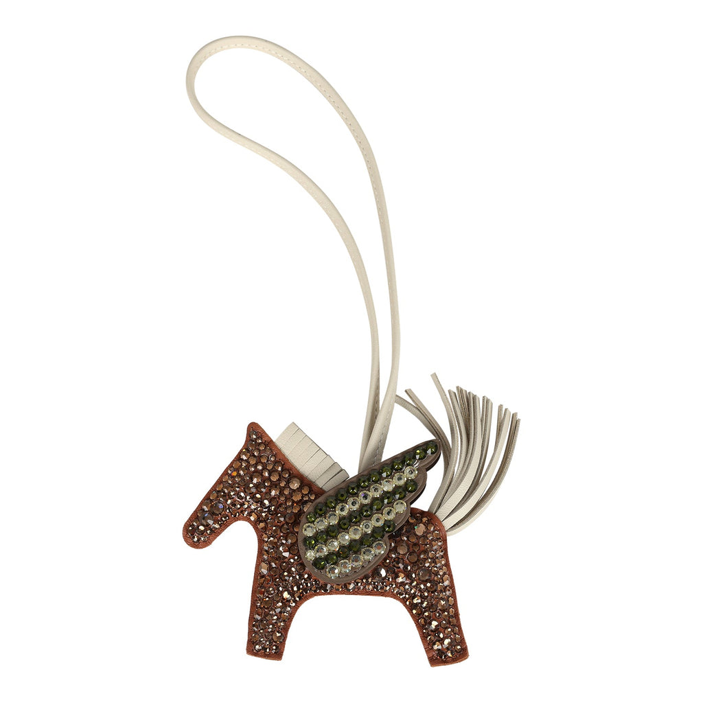 Custom Brown Swarovski Crystal Hermes Bedazzled Pegase Rodeo Bag Charm PM Gold Craie and Etoupe Milo Lambskin