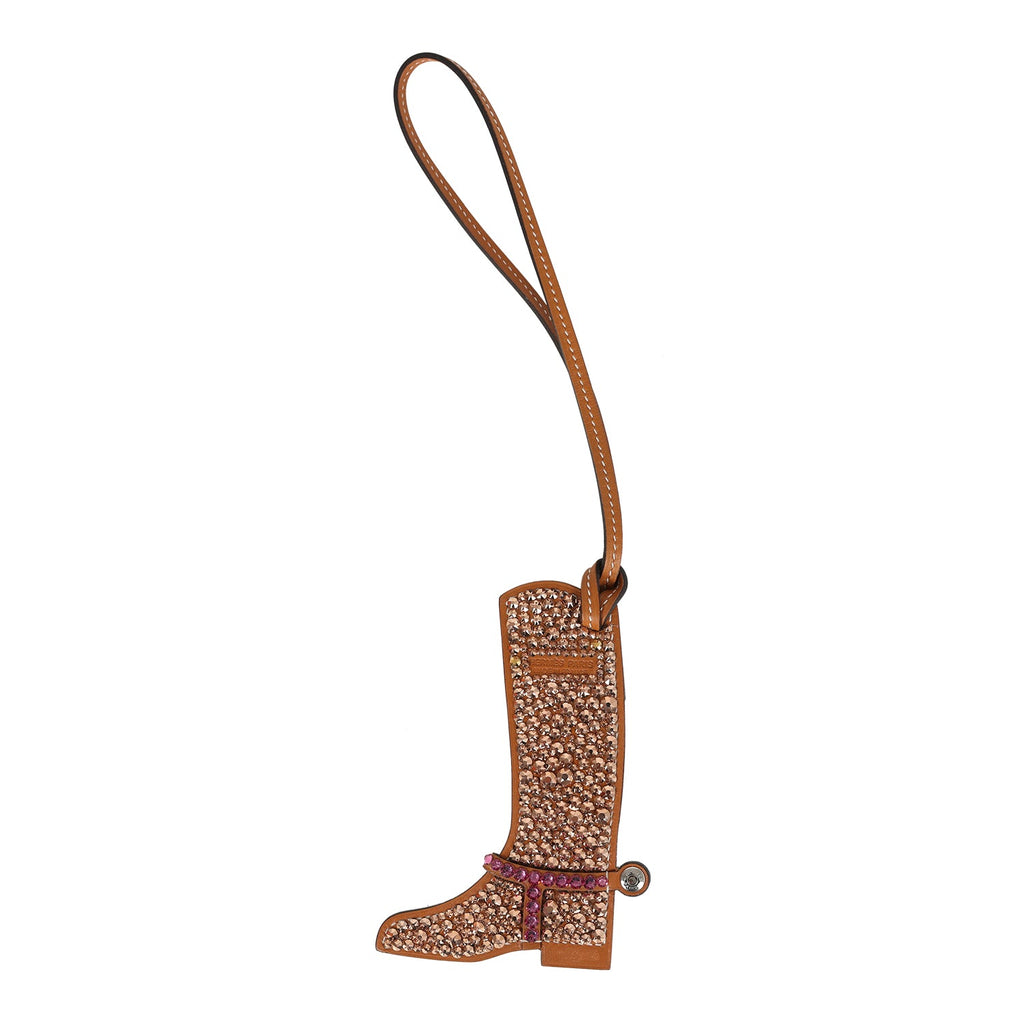 Custom Brown Swarovski Crystal Hermes Paddock Boot Bag Charm Natural Sable Butler And Rose Swift Palladium Hardware