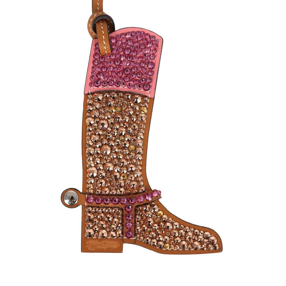 Custom Brown Swarovski Crystal Hermes Paddock Boot Bag Charm Natural Sable Butler And Rose Swift Palladium Hardware