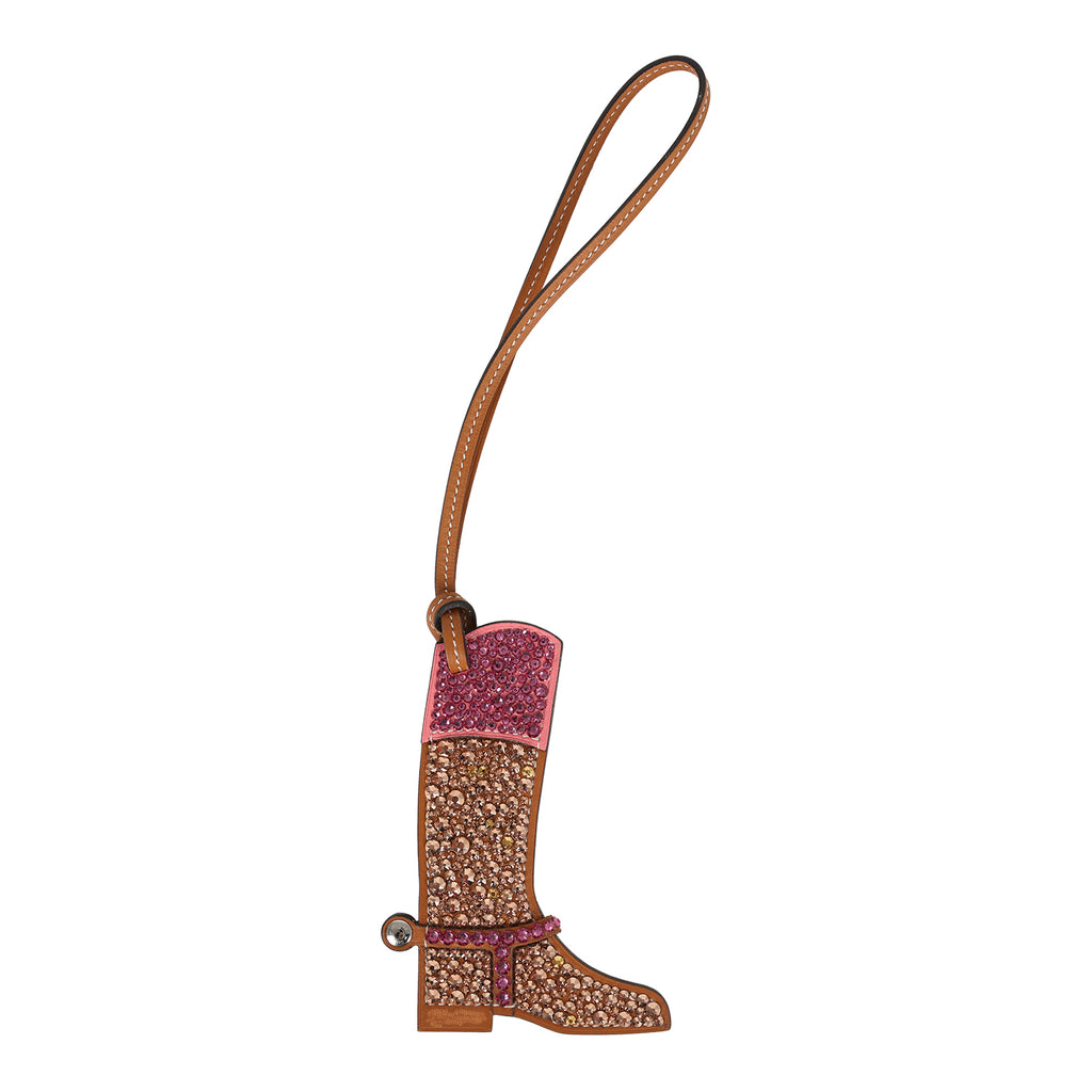Custom Brown Swarovski Crystal Hermes Paddock Boot Bag Charm Natural Sable Butler and Rose Swift Palladium Hardware Custom Brown Swarovski Crystal Hermes Paddock Boot Bag Charm Natural Sable Butler and Rose Swift Palladium Hardware