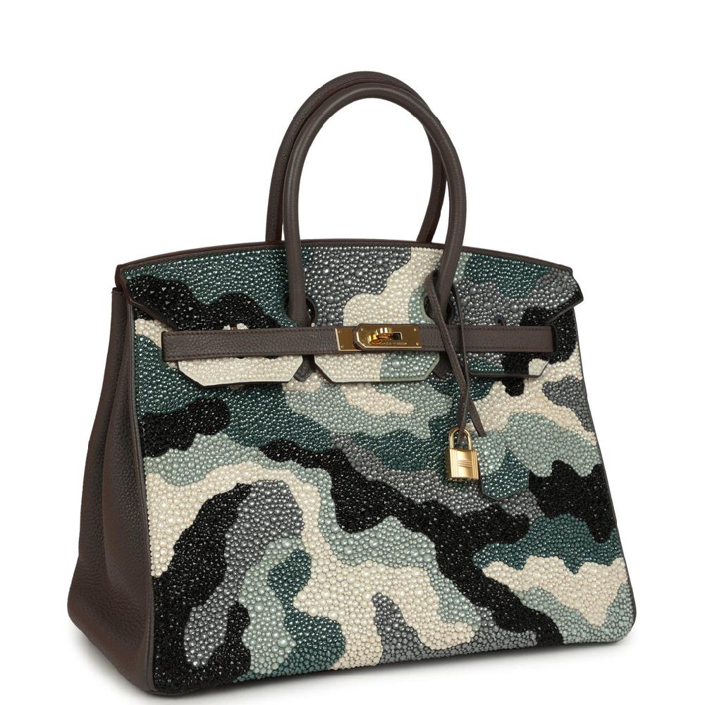 Custom Camouflage Swarovski Crystal Hermes Birkin 35 Etain Togo Gold Hardware