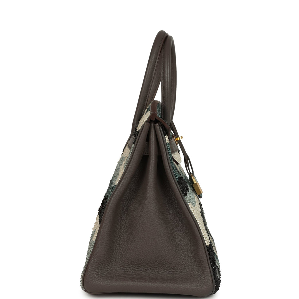 Custom Camouflage Swarovski Crystal Hermes Birkin 35 Etain Togo Gold Hardware