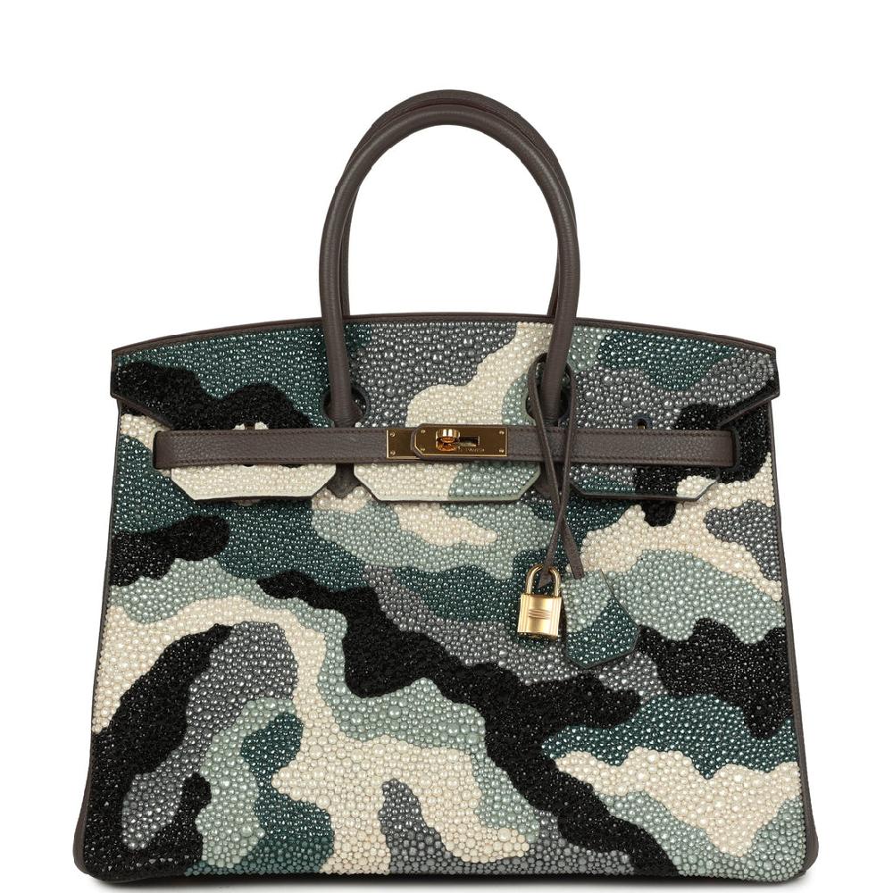 Custom Camouflage Swarovski Crystal Hermes Birkin 35 Etain Togo Gold Hardware