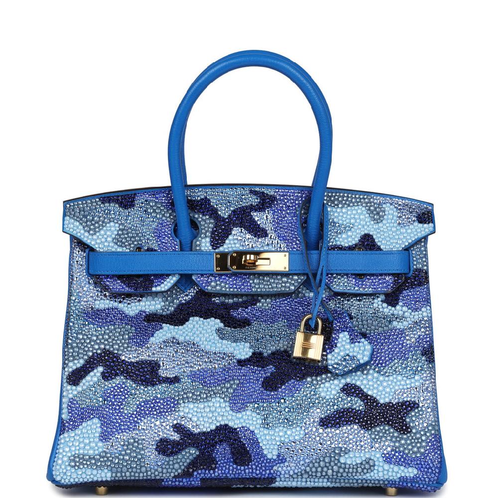 Custom Camouflage Swarovski Crystal Hermes Birkin 30 Bleu Hydra Chevre Gold Hardware