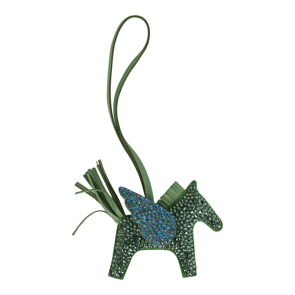 Custom Green Swarovski Crystal Hermes Pegasus Rodeo Bag Charm PM Vert Yucca/Vert Criquet/Mauve Pale Milo Lambskin