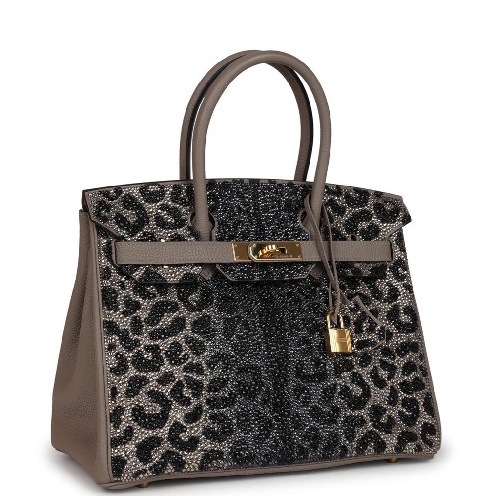 Custom Leopard Swarovski Crystal Hermes Birkin 30 Gris Asphalte Togo Gold Hardware