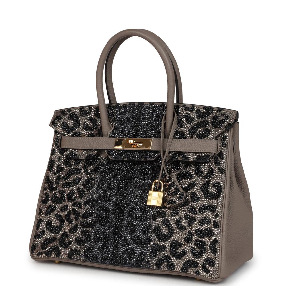 Custom Leopard Swarovski Crystal Hermes Birkin 30 Gris Asphalte Togo Gold Hardware