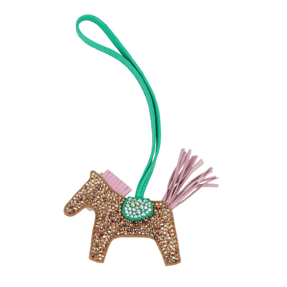 Custom Multicolor Swarovski Crystal Hermes Bedazzled Rodeo Bag Charm PM Chai Mauve Sylvestre & Menthe Milo Lambskin