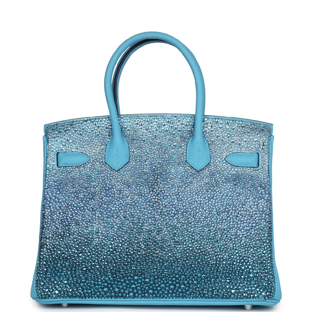 Custom Ombre Swarovski Crystal Hermes Birkin 30 Bleu Du Nord Clemence Palladium Hardware