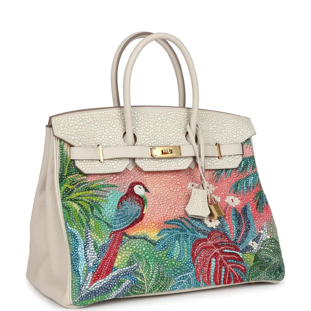 Custom "Paradise" Swarovski Crystal Hermes Birkin 35 Craie Togo Gold Hardware