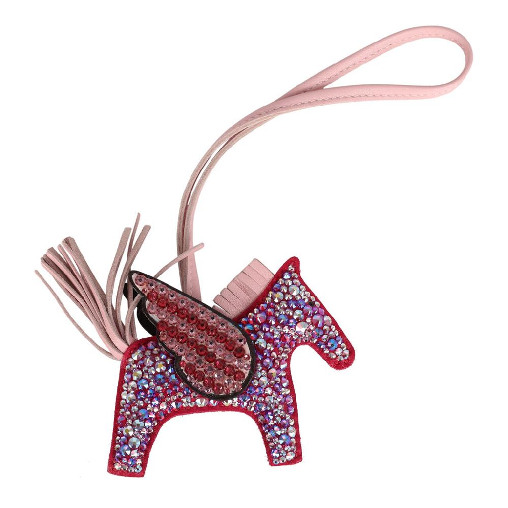 Custom Pink Swarovski Crystal Hermes Bedazzled Pegasus Rodeo Bag Charm PM Framboise Rose Sakura And Rouge Sellier Milo Lambskin