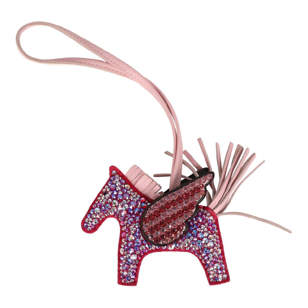 Custom Pink Swarovski Crystal Hermes Bedazzled Pegasus Rodeo Bag Charm PM Framboise Rose Sakura and Rouge Sellier Milo Lambskin