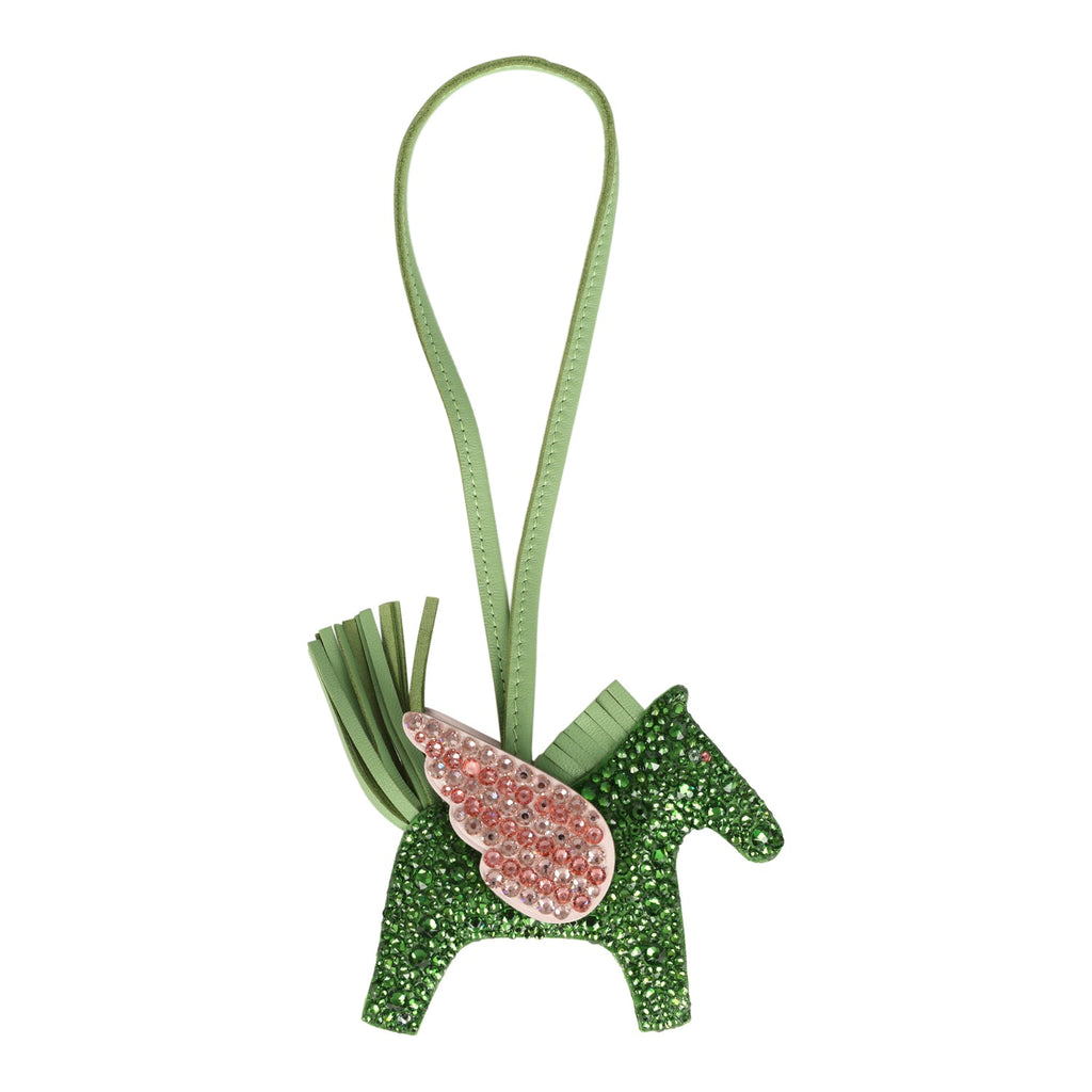 Custom Swarovski Crystal Hermes Rodeo Bag Charm PM Vert Yucca Vert Criquet & Mauve Pale Milo Lambskin