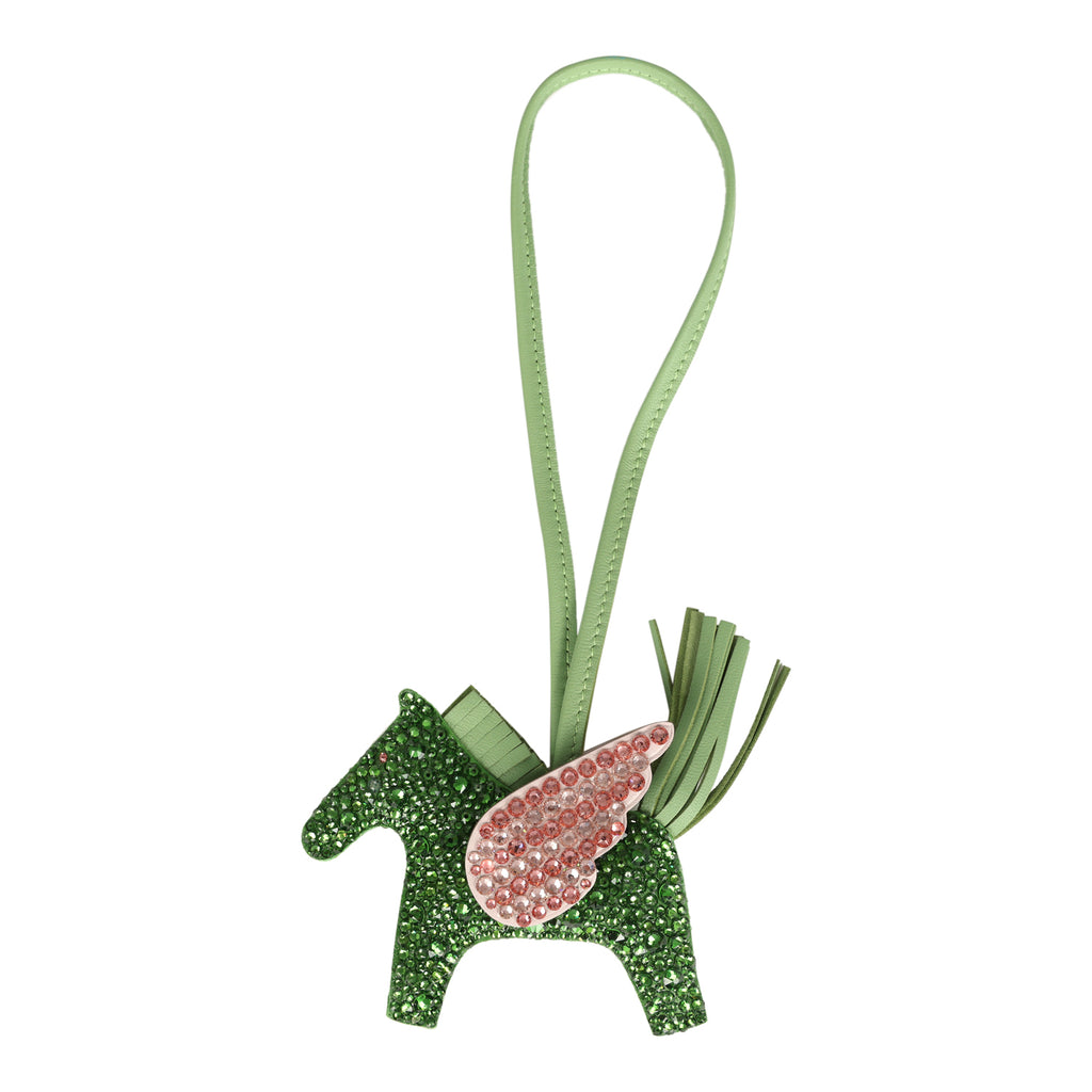 Custom Swarovski Crystal Hermes Rodeo Bag Charm PM Vert Yucca Vert Criquet & Mauve Pale Milo Lambskin