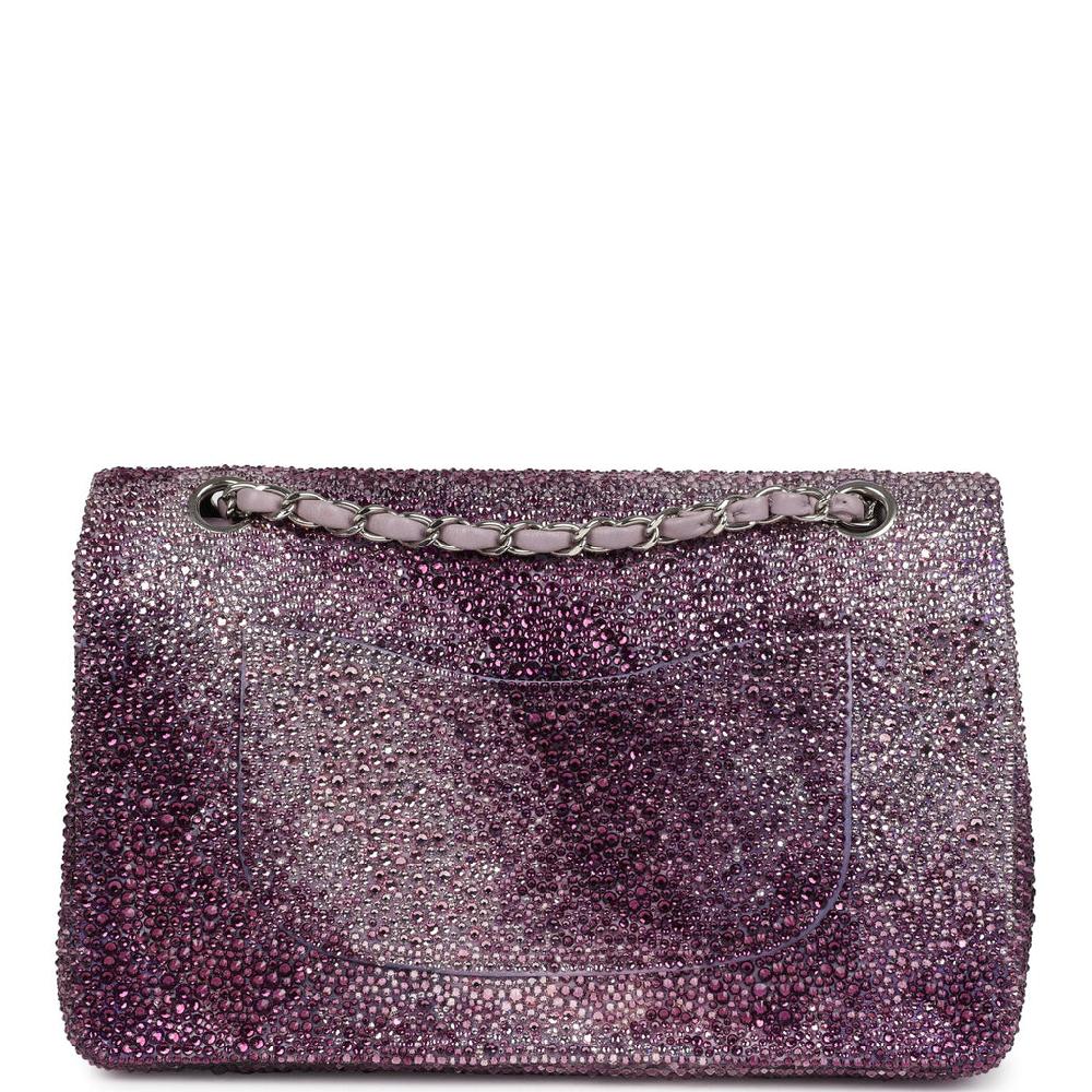 Custom Swarovski Crystal Vintage Chanel Medium Classic Double Flap Purple Lambskin Silver Hardware