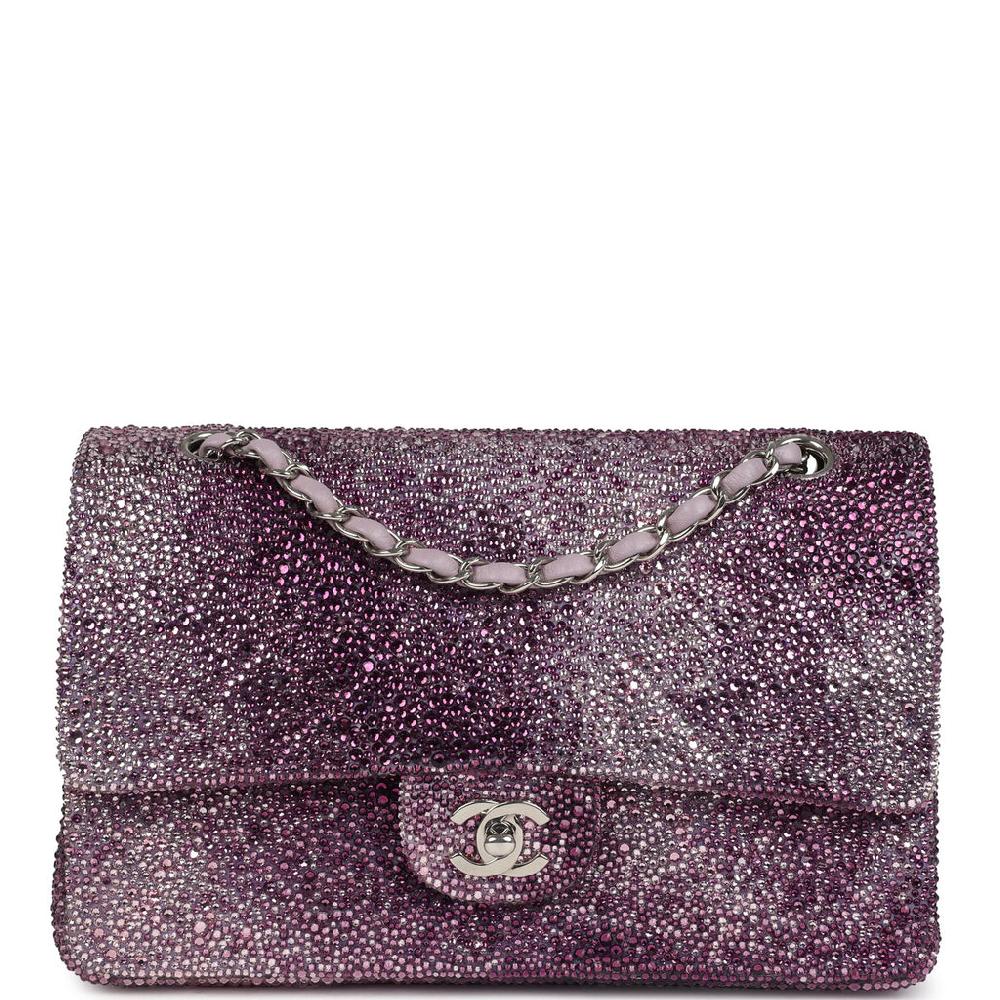 Custom Swarovski Crystal Vintage Chanel Medium Classic Double Flap Purple Lambskin Silver Hardware