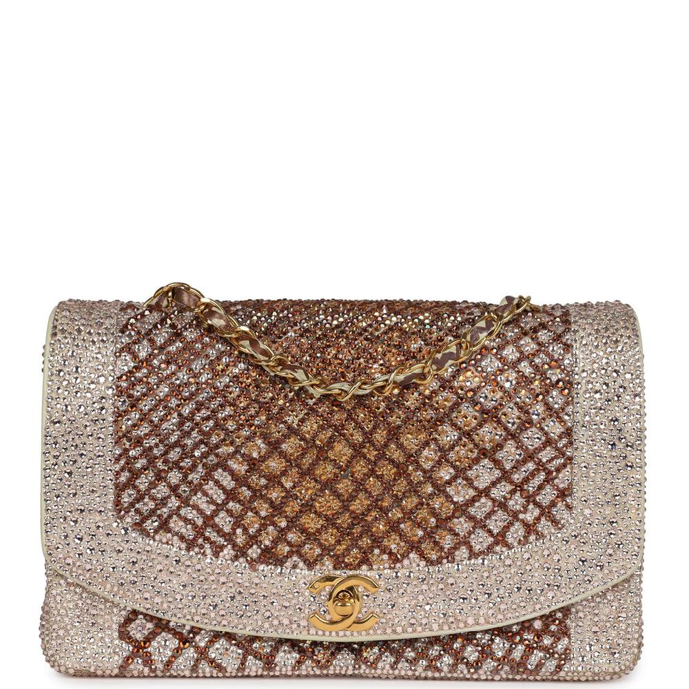 Custom Swarovski Crystal Vintage Chanel Medium Diana Flap Bag Beige Lambskin Gold Hardware