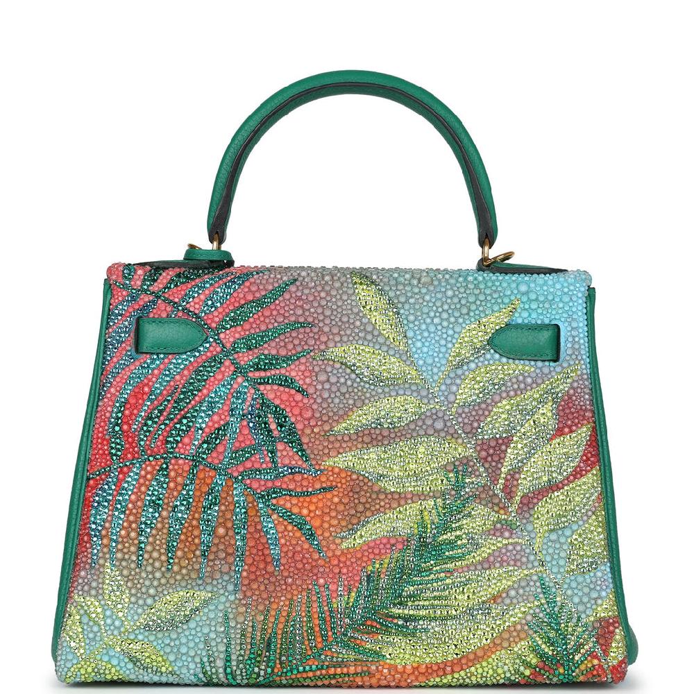 Custom Tropical Swarovski Crystal Hermes Kelly Retourne 28 Vert Vertigo Clemence Gold Hardware