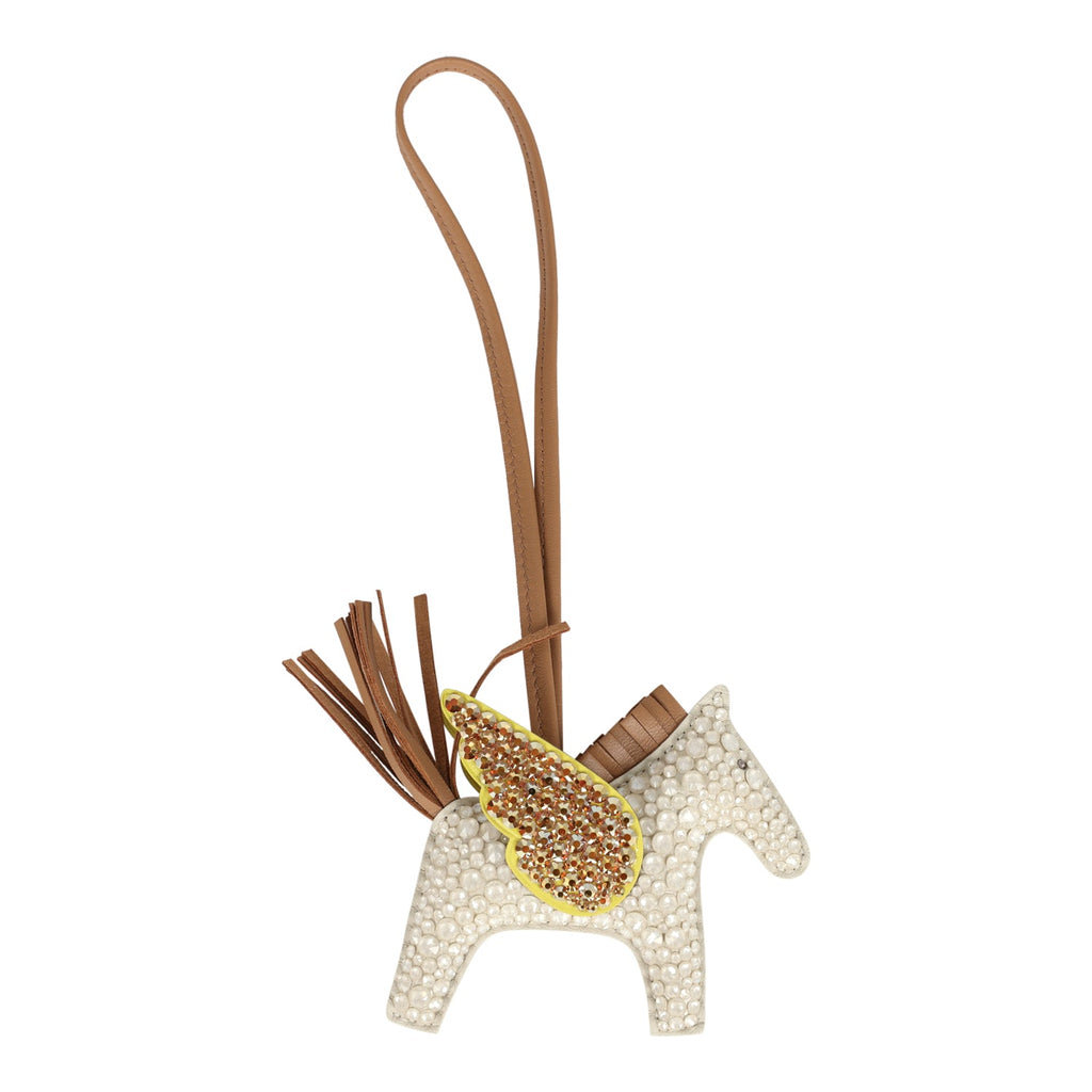 Custom White Swarovski Crystal Hermes Bedazzled Pegase Rodeo Bag Charm PM Craie Lime And Chai Milo Lambskin