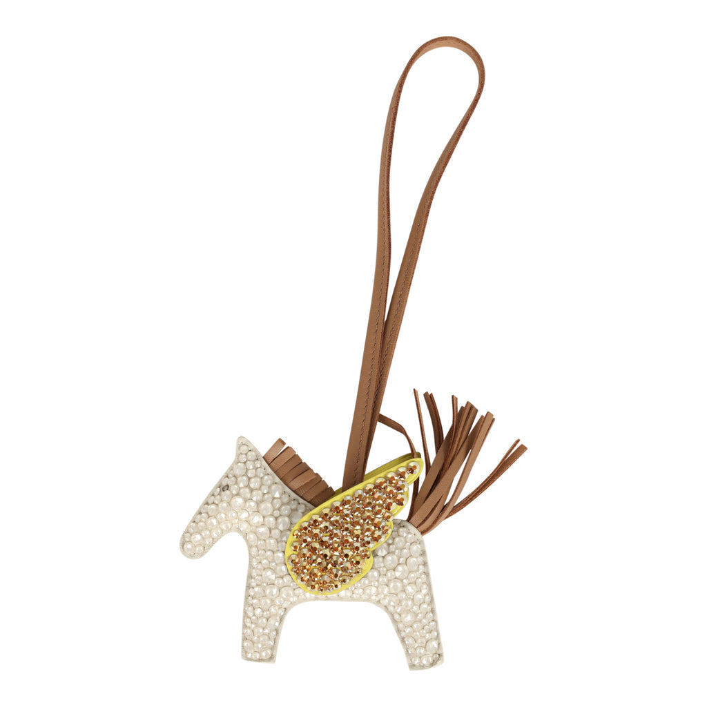 Custom White Swarovski Crystal Hermes Bedazzled Pegase Rodeo Bag Charm PM Craie Lime and Chai Milo Lambskin