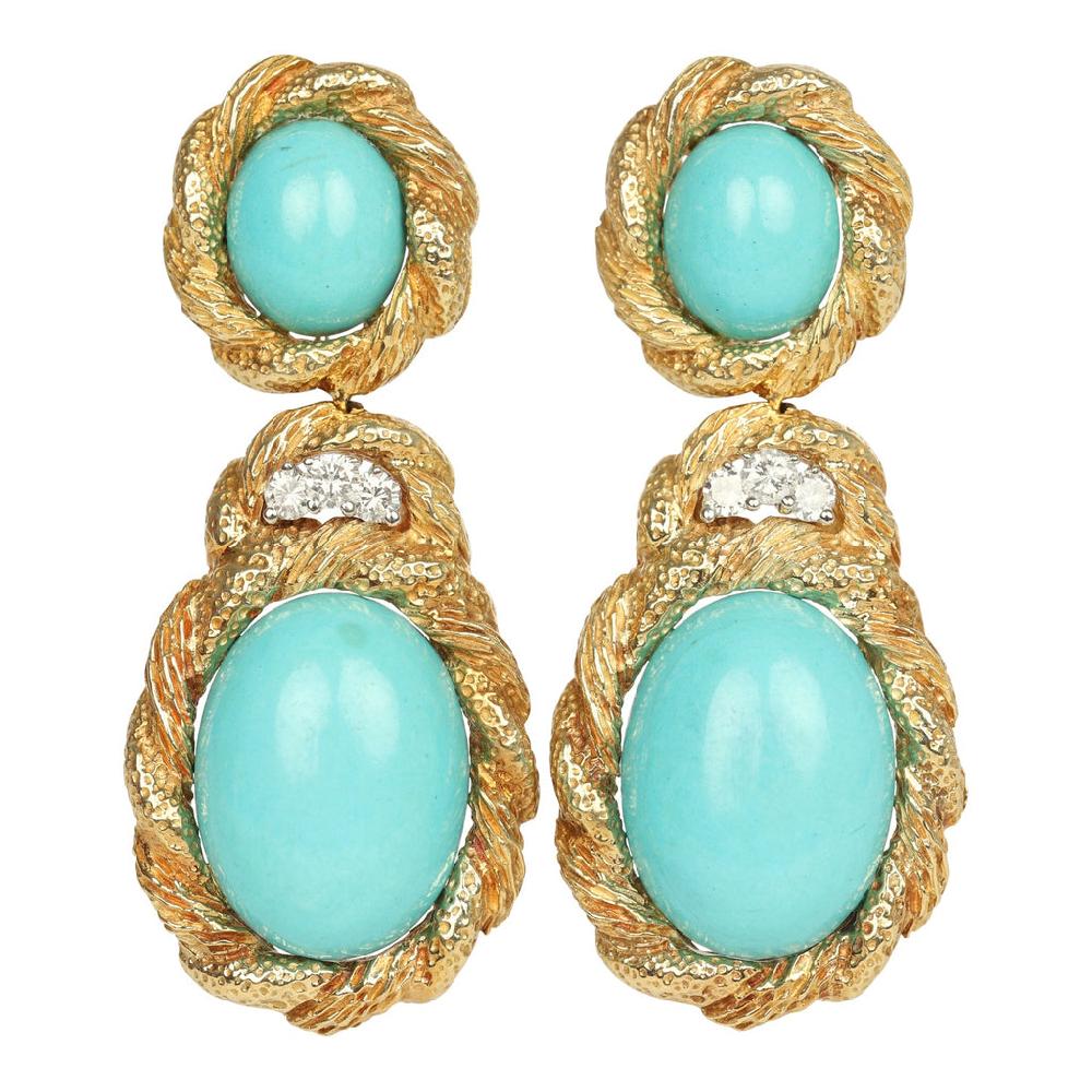 For Future Reference Vintage 1970s Turquoise and Diamond Statement Drop Earrings