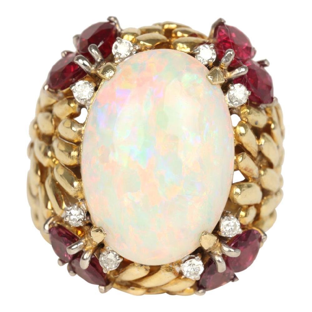 For Future Reference Vintage 1980s Opal Ruby and Diamond Cocktail Ring