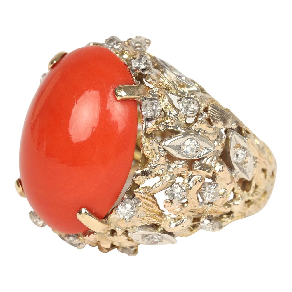 For Future Reference Vintage 1980s Oval Coral And Diamond Cocktail Ring