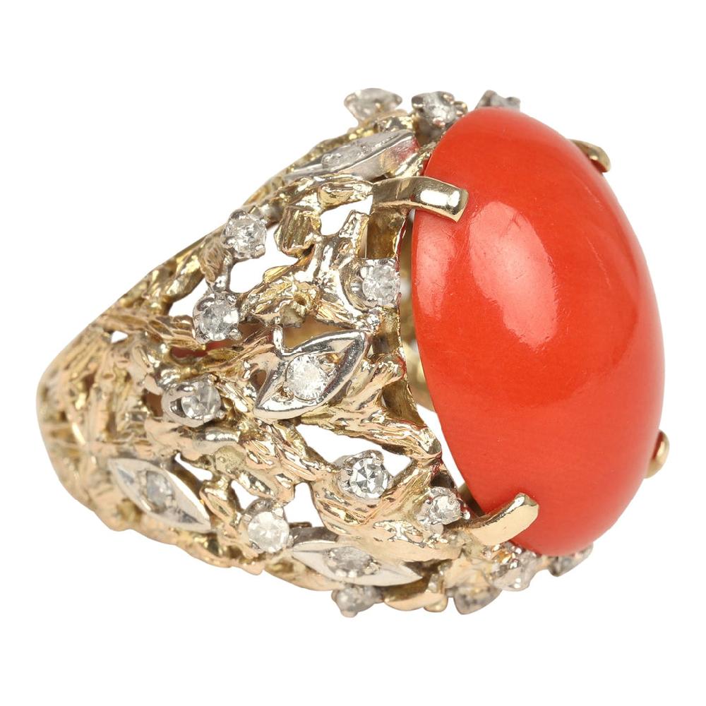 For Future Reference Vintage 1980s Oval Coral And Diamond Cocktail Ring