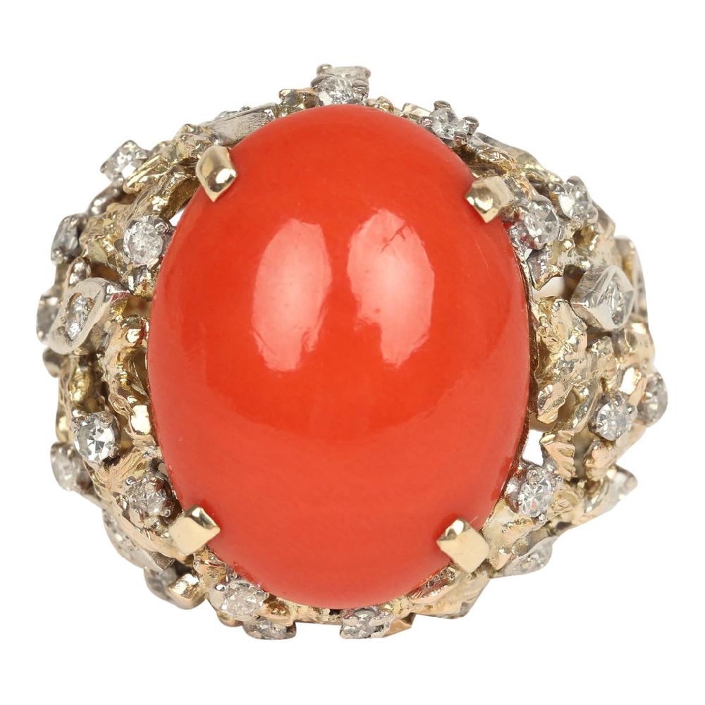 For Future Reference Vintage 1980s Oval Coral and Diamond Cocktail Ring
