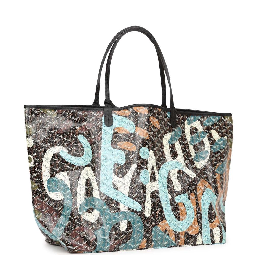 Goyard Limited Edition Black Goyardine Canvas Blue Lettres Camouflage Saint Louis GM Tote Bag Palladium Hardware