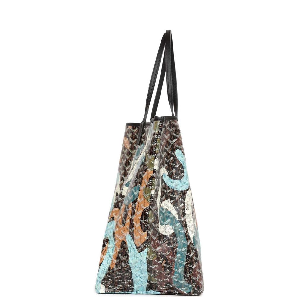 Goyard Limited Edition Black Goyardine Canvas Blue Lettres Camouflage Saint Louis GM Tote Bag Palladium Hardware