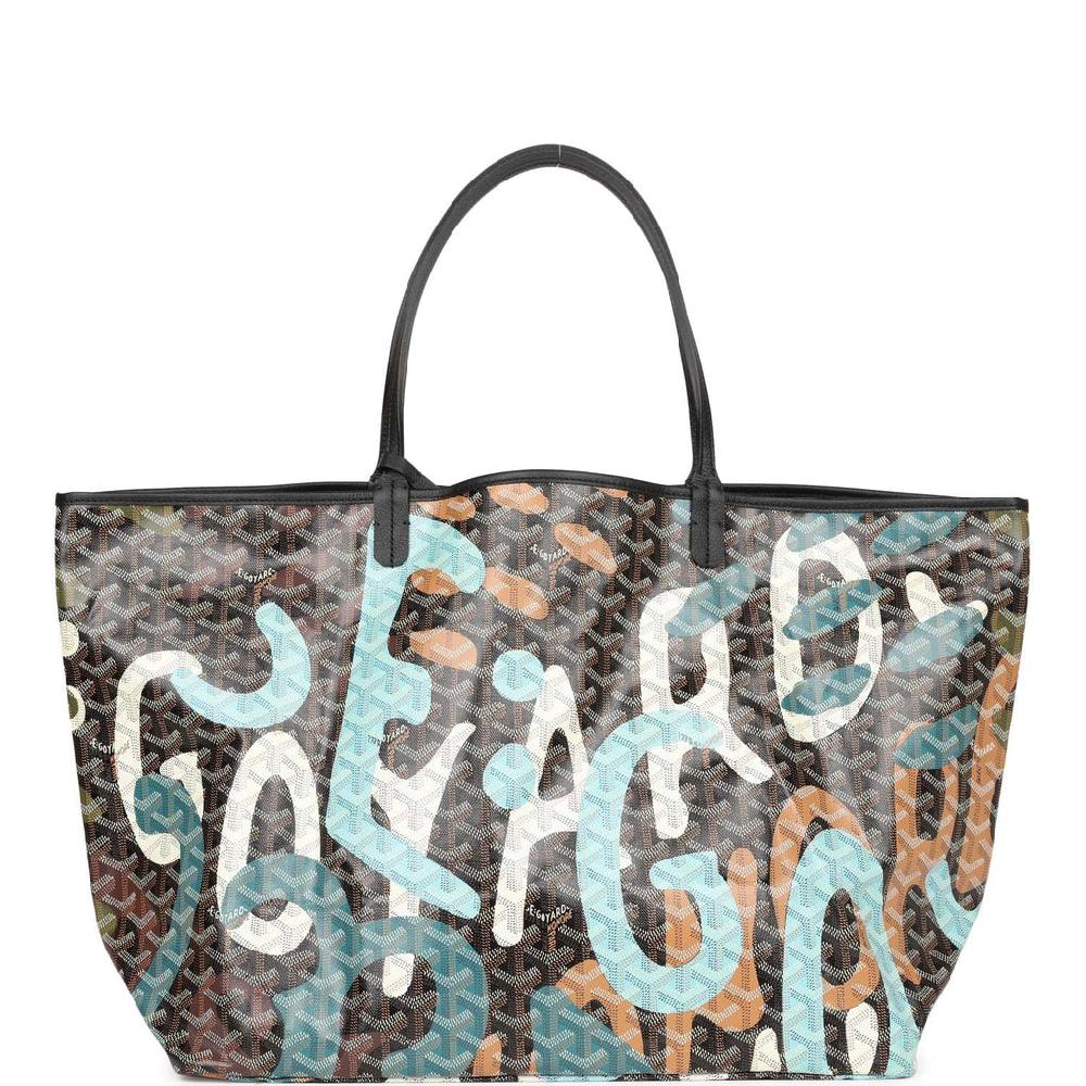 Goyard Limited Edition Black Goyardine Canvas Blue Lettres Camouflage Saint Louis GM Tote Bag Palladium Hardware