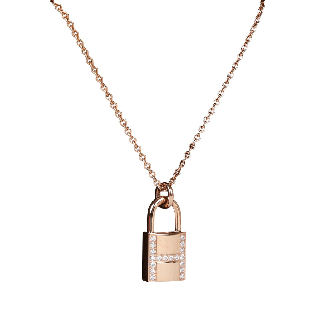 Hermes Amulettes Cadenas Pendant Necklace Diamonds & 18k Rose Gold